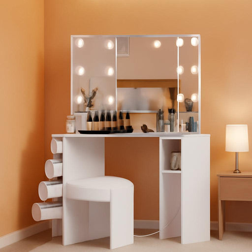 Corner Vanity Desk with Mirror and Led Lights - Makeup Table with 5 Drawers, Shelves, and Vanity Stool - Perfect for Bedroom or Bathroom, White