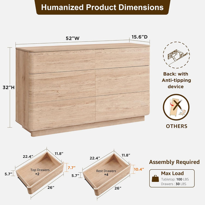 Modern 6 Drawer Dresser for Bedroom, 52" Wide Wooden Dressers with Large Storage,Handleless Chest of Drawers TV Stand for Living Room & Hallway, Curved Profile Design,Natural Oak
