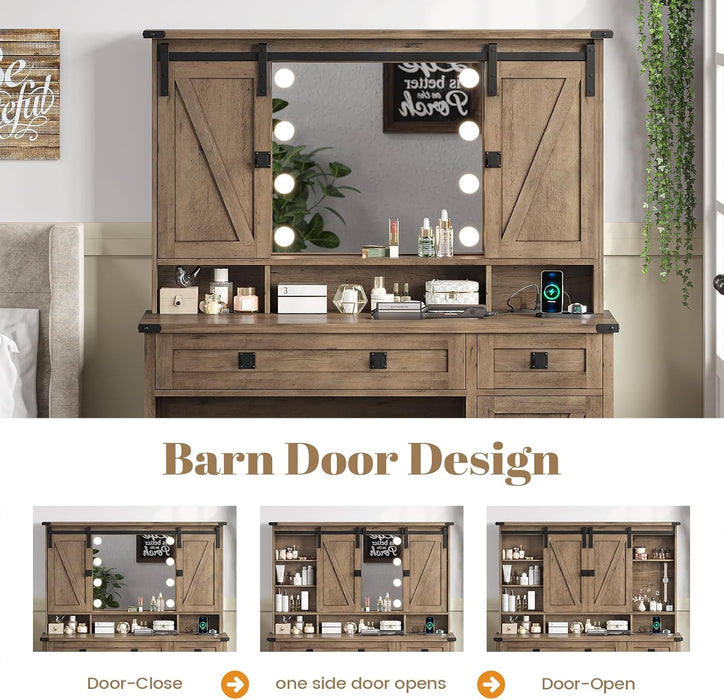 Makeup Vanity with Lights & Barn Doors, Vanity Desk with Mirror and Lights & Charging Station, Farmhouse Brown Vanity Table with Jewelry Hooks and Open Storage Shelves