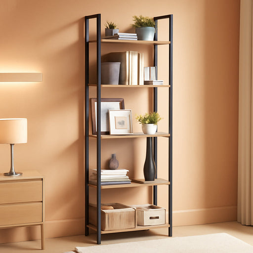 5-Tier Bookshelf, Book Shelf, Industrial Bookcase, with Steel Frame, for Living Room, Home Office, Bedroom, 9.4 X 24.4 X 65 Inches, Greige and Black ULLS025B02