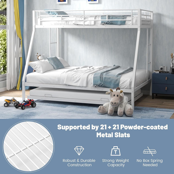 Twin over Full Bunk Bed with Trundle, Heavy-Duty Metal Bunk Bed Frame with Guardrail & 2 Ladders, Space-Saving Bunk Bed for Kids/Teens/Adults, No Box Spring Needed