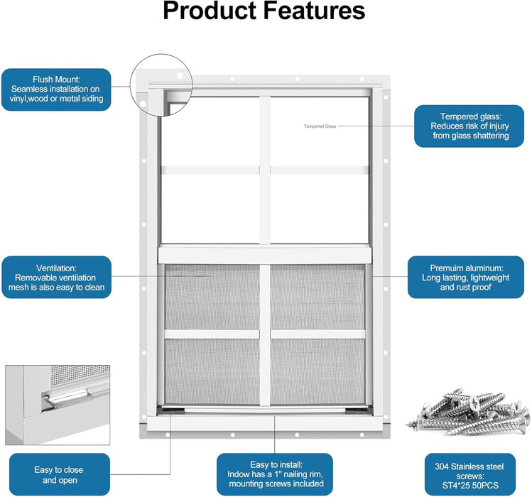 2 Pack Shed Window 14" W X 21" H, White Flush Mount Window with Tempered Glass and Removable Screen for Playhouses, Sheds, Garage and Chicken Coops