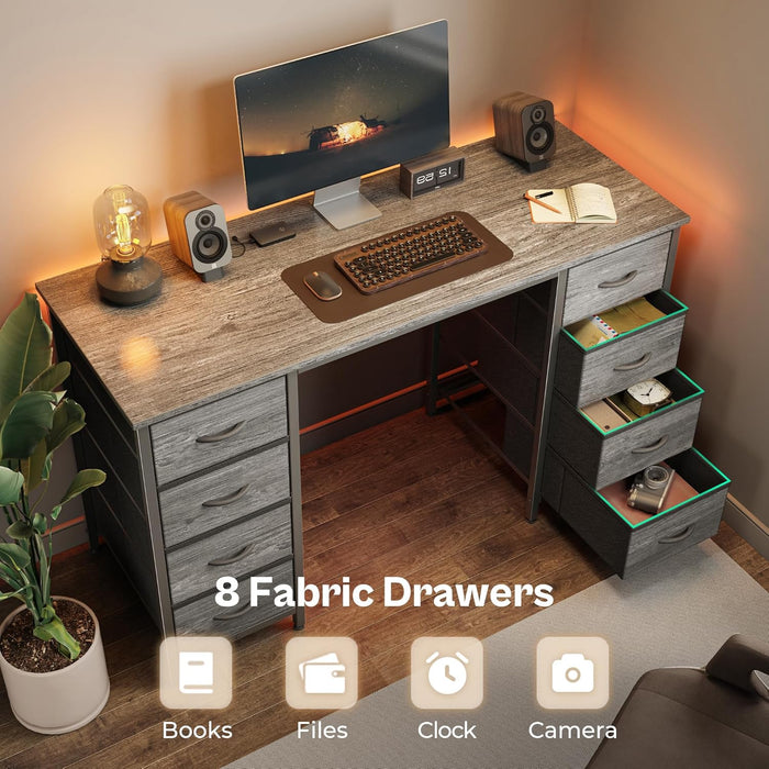 47 Inch Computer Desk with 8 Drawers, Office Desk Work Desk for Home Office, Study, Gaming Desk with Fabric Drawers, Large Storage, Grey