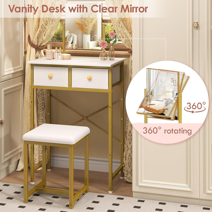 Small Makeup Vanity Desk with Mirror & Chair, Mini Vanity Desk Table Set with Fabric Storage Drawer, 19.7" Compact Vanity Desk for Girls, Dressing Table with Chair for Bedroom, White Golden