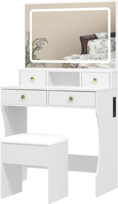 Vanity Desk Set with Adjustable LED Lighted Mirror, Girls Makeup Dressing Table with Stool and 4 Drawers Storage Makeup Table with Power Outlet for Bedroom (White)
