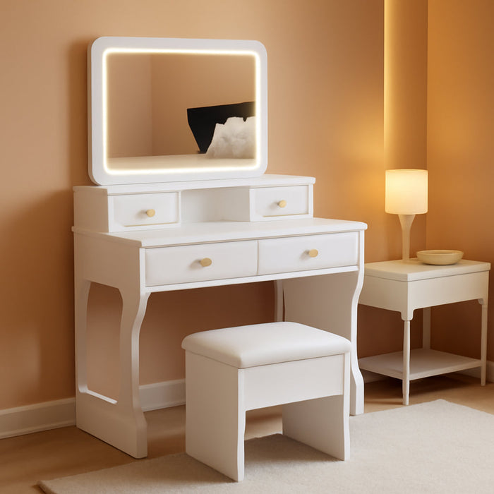 Vanity Desk Set with Adjustable LED Lighted Mirror, Girls Makeup Dressing Table with Stool and 4 Drawers Storage Makeup Table with Power Outlet for Bedroom (White)