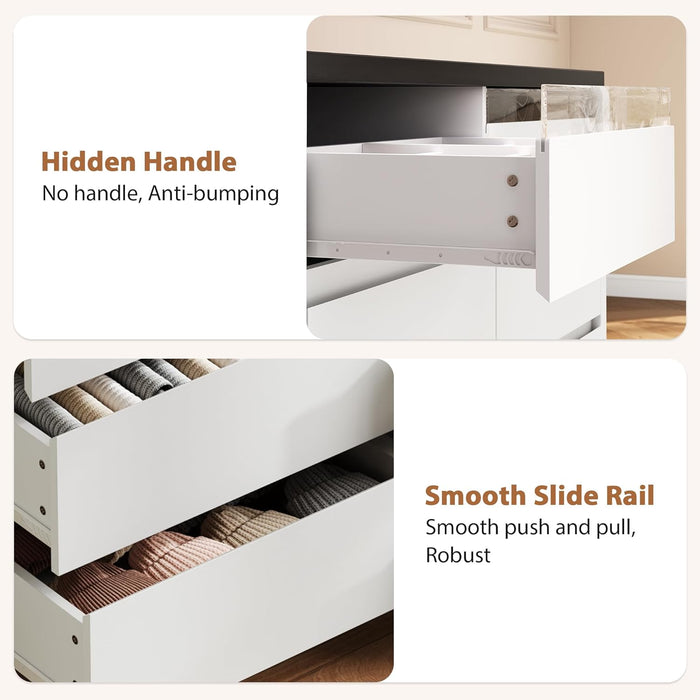 Modern LED 6 Drawer Dresser for Bedroom, White Large Chest of Drawers with Hidden Handles, Long Double Wooden Dresser Closet for Living Room, Entryway, Hallway - White
