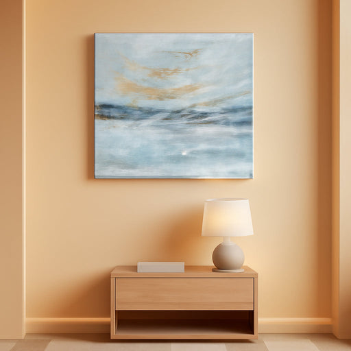 Abstract Wall Art for Living Room Large Framed Light Blue Canvas Print Coastal Theme Artwork Modern Ocean Skyline and Sunset & Sunrise in the Seaside Painting for Home Bedroom Décor 48X24Inch