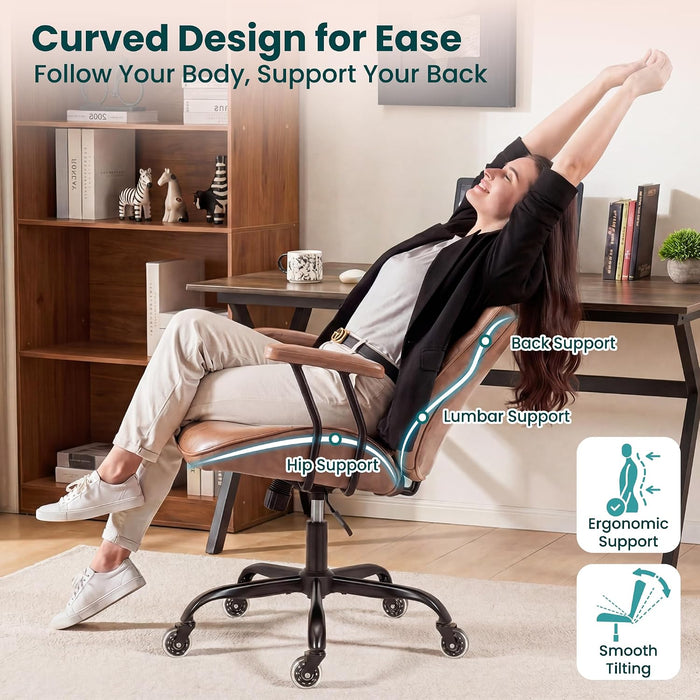 Leather Office Desk Chair with Rubber Casters for Home (Brown)