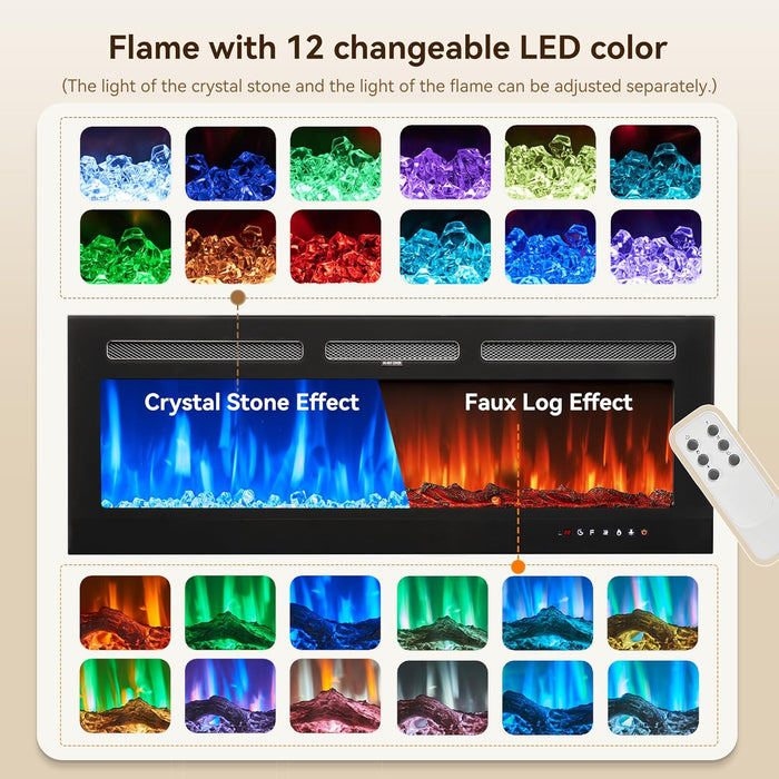 80" Fireplace TV Stand With, Modern 50" Smart Fireplace Fire Place Entertainment Center, Adjustable TV Console with 12-Color LED Lights, for Living Room, Black