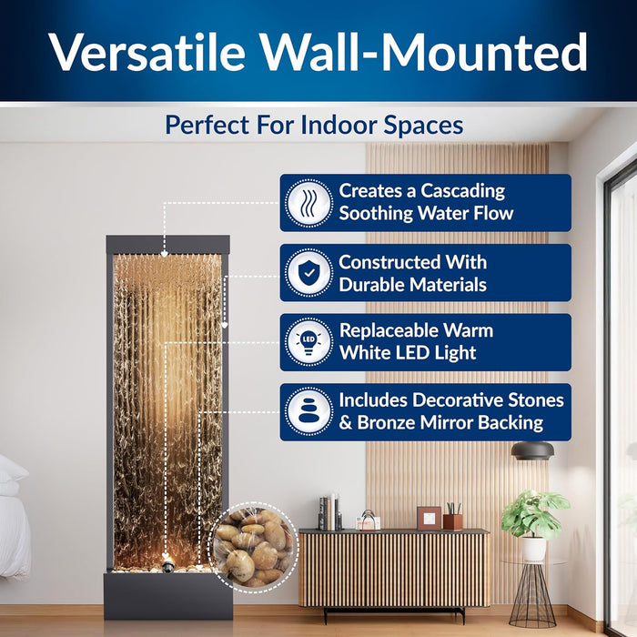 72" Tall Indoor/Outdoor Mirror Waterfall Floor Fountain, LED Lights & River Stones, Elegant Bronze Finish for Home, Office, Patio & Entryway Decor