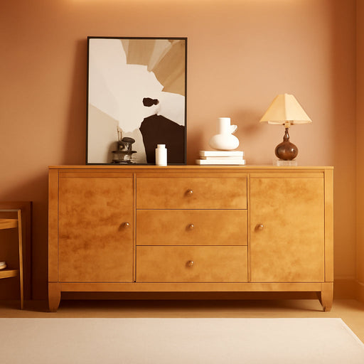 60" Glossy Burl Wood Sideboard Buffet with Storage | Mid-Century Modern Style, Buffet Cabinet with 3 Drawers & 2 Closed Storage for Dining Room, Living Room, Blond Burl