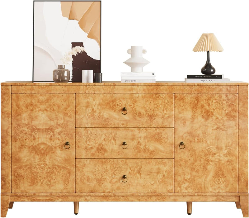60" Glossy Burl Wood Sideboard Buffet with Storage | Mid-Century Modern Style, Buffet Cabinet with 3 Drawers & 2 Closed Storage for Dining Room, Living Room, Blond Burl