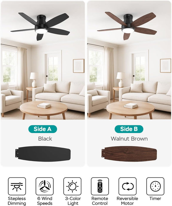 42 Inch Ceiling Fans with Lights, Quiet Reversible Fan with Remote & APP Control, 6-Speed, 3 Color Temperatures Dimmable LED, DC Motor, Low Profile Ceiling Fan for Bedroom Living Room, Black