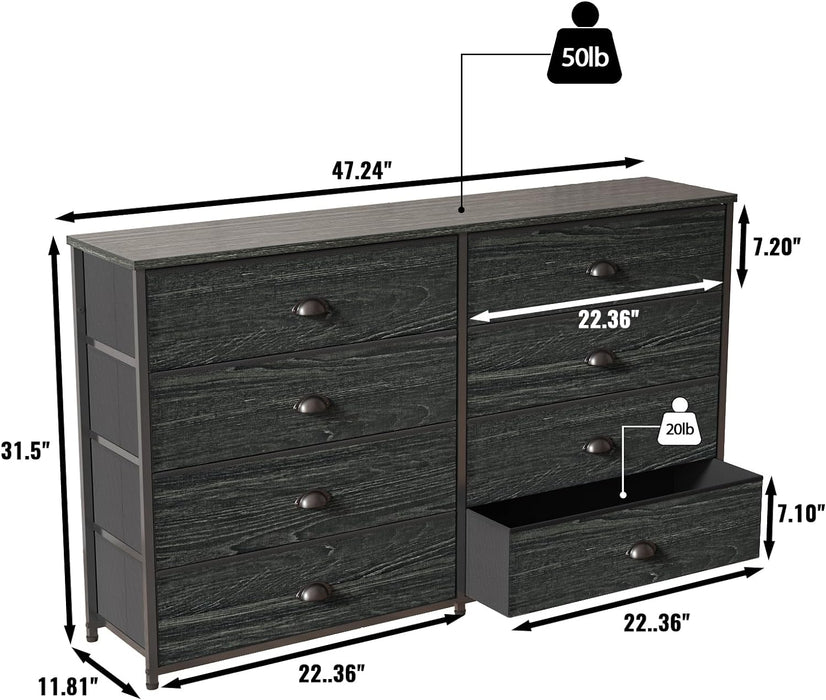 Black Oak Dresser with 8 Fabric Drawers & TV Storage