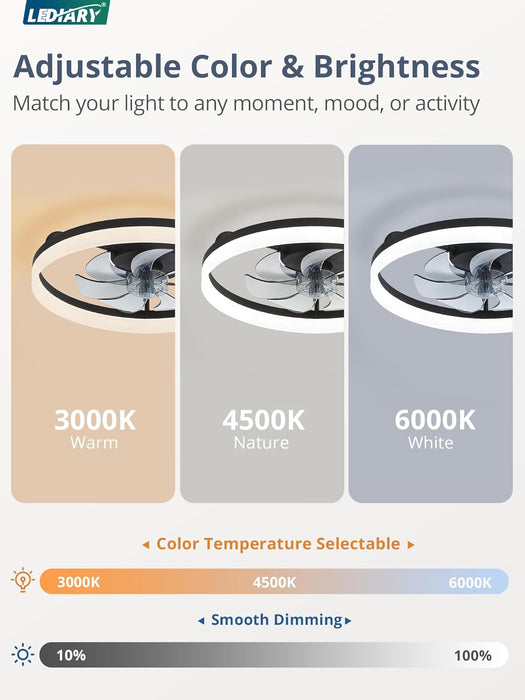 Ceiling Fans with Lights, 20 Inch Low Profile Flush Mount Ceiling Fan, Dimmable LED, APP & Remote Control, Quiet Reversible DC Motor, 6 Speeds, Fandelier for Bedroom, Black