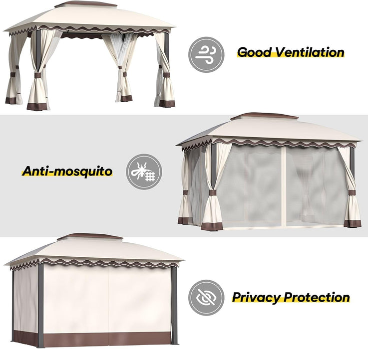 Outdoor Patio Gazebo 10×13 Heavy Duty Gazebos with Mosquito Netting & Double Roof Metal Steel Frame Canopy Gazebo Tent Shelter for Patio Lawn Backyard Garden