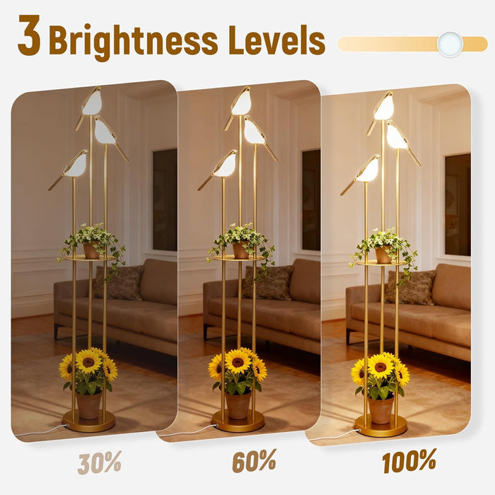 𝑼𝒑𝒈𝒓𝒂𝒅𝒆 Unique Gold Floor Lamps for Living Room, with 3 Adjustable LED Bird Lights and Storage Shelf, Brightness Adjustable, Stand up Lamp for Bedroom Kids Room Office