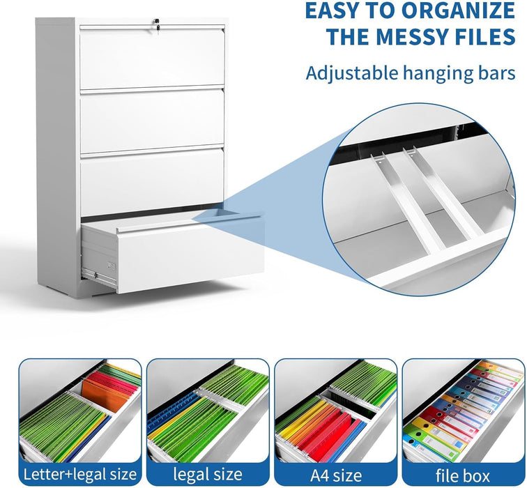 Lateral File Cabinet 4 Drawer, Metal File Cabinets for Home Office Legal/Letter A4 Size, File Cabinet with 4 Lock, Require Assembly(White)