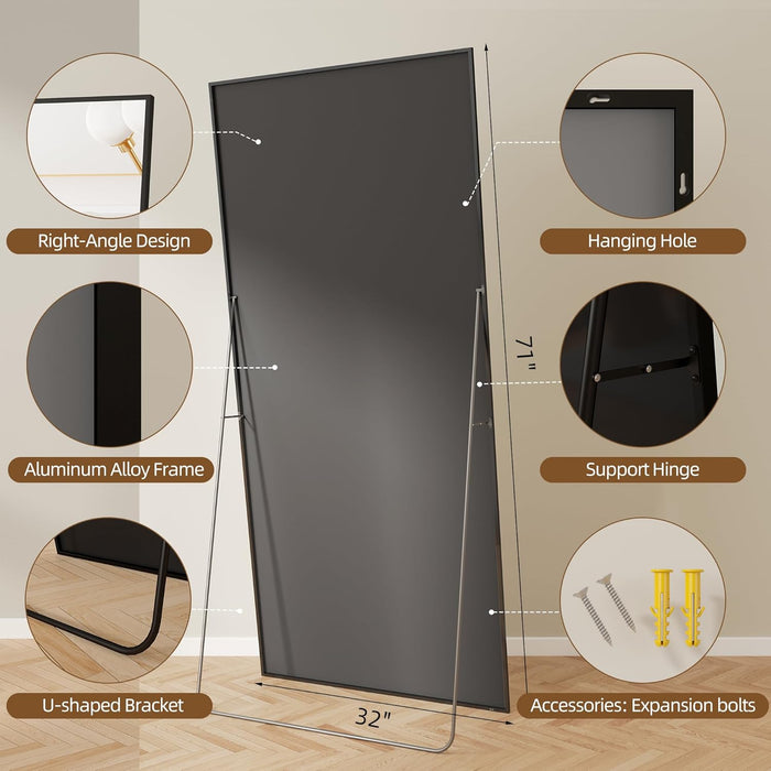 71"X32"Full Length Mirror,Black Floor Length Mirror with Stand,Shatterproof Tempered Glass&Aluminum Alloy Frame,Freestanding Full Body Mirrorr for Bedroom,Living Room,Dressing Room