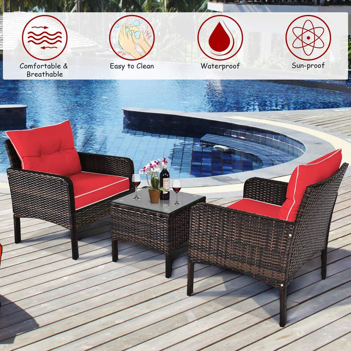 3 Piece Outdoor Patio Furniture Set, Wicker Chairs Set with Glass Top Coffee Table, Thick Cushions, All Weather Garden Lawn Poolside Backyard Porch Furniture Set for 2 (Red)