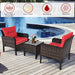 3 Piece Outdoor Patio Furniture Set, Wicker Chairs Set with Glass Top Coffee Table, Thick Cushions, All Weather Garden Lawn Poolside Backyard Porch Furniture Set for 2 (Red)