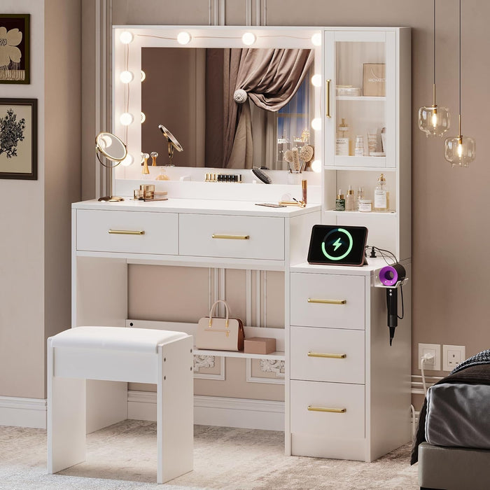 White Makeup Vanity With Integrated Charging Station