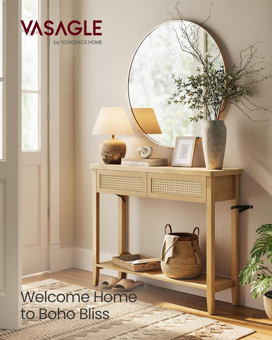 Console Sofa Table, Narrow Entryway Table, 2 Drawers, Open Storage Shelf, Rounded Corners, for Living Room, Boho Style, Oak Beige ULNT016YC01S