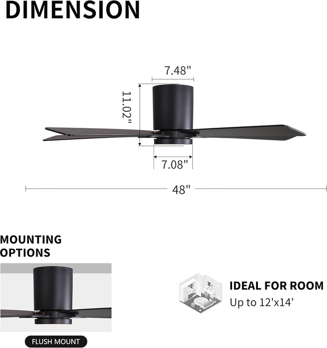 48" DC Flush Mount Ceiling Fan with Lights, 6-Speed Reversible DC Motor, 3CCT, Low Profile Hugger Ceiling Fan for Living Room Bedroom Kitchen, Black Finish and Black/Walnut Blades