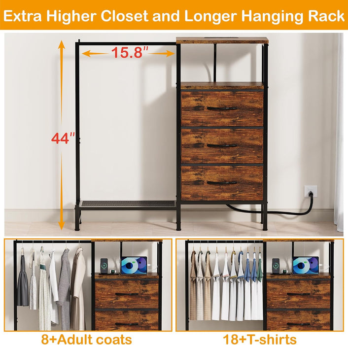 Dresser for Bedroom with Hanging Rack, 3 Drawers Closet with Charging Station, Fabric Chest of Drawers with Clothes Rack, Storage Organzier for Hallway Entryway, Brown