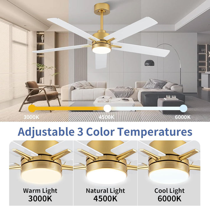 52'' Ceiling Fan with Lights and Remote, Low Profile Modern Ceiling Fan Gold, 6 Speed, Reversible, 3000K-6000K LED, Quiet DC Motor Ceiling Fans for Indoor Outdoor Bedroom Living Room