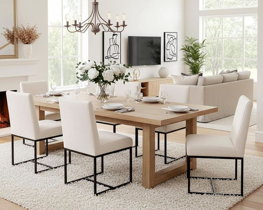 Kitchen & Dining Room Chairs Set of 2, Linen Fabric Mid Century Modern Dining Chairs, Upholstered Dining Chairs with Black Finish Metal Frame, Cream, 2 PC