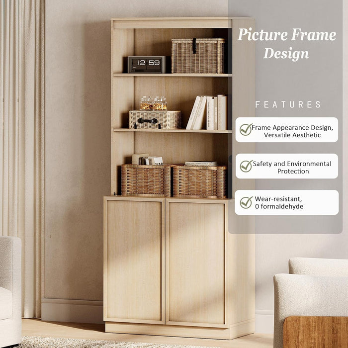 Modern 72" Tall Bookshelf with Doors and Adjustable Shelves, Library Bookcase with Storage Cabinet and Open Book Shelfs, Wood Book Shelf for Home Office, Living Room, Beige, 1 PC