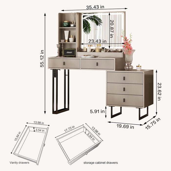 Large Vanity Desk with 3 Color Touch Screen Dimming Mirror, Vanity Desk with Charging Station, Modern Retractable Makeup Dressing Table, Makeup Table with Storage Shelves and 5 Sliding Drawers