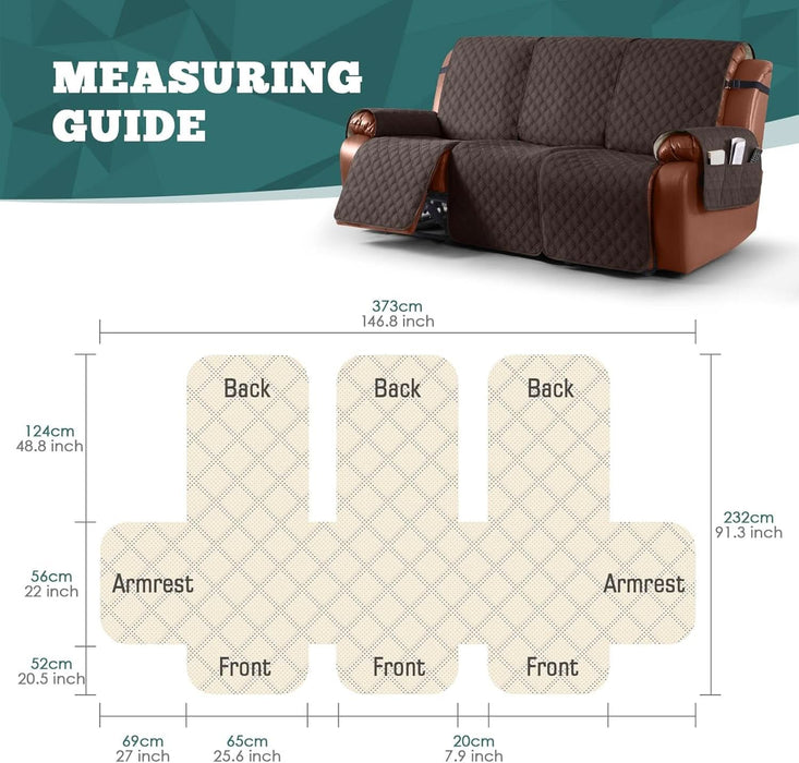 Waterproof Recliner Sofa Cover 1-Piece Couch Covers for Reclining Couches Reclining Sofa Cover Washable Furniture Protector with Elastic Straps Pocket for Kids, Pets (Chocolate, 3 Seater)