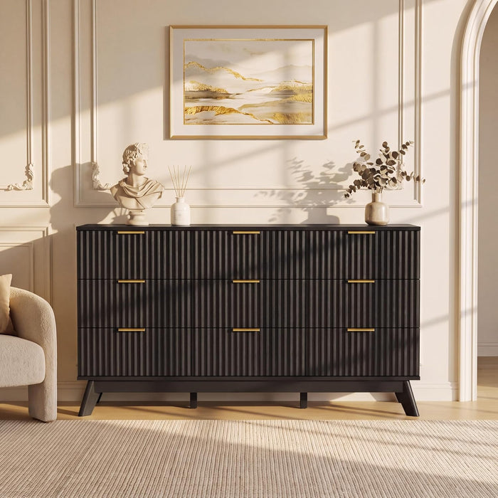 Fluted Dresser for Bedroom, 57" Wide Chest of 9 Drawers, Black