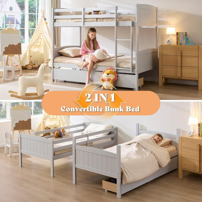 Grey SolidWood Twin Loft Bunk Bed BuiltInStorageDrawers