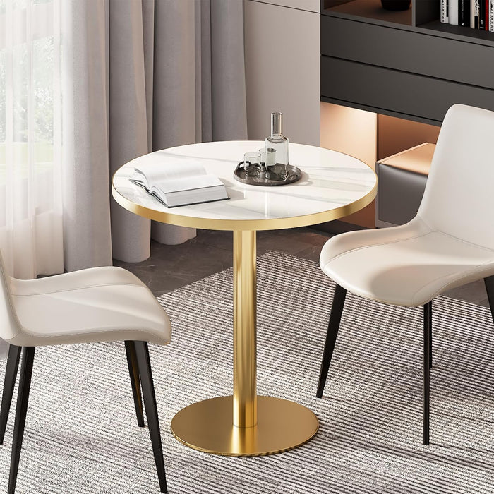 31.5" Circle Tulip Table with Sintered Stone Tabletop, Gold Edge & Pedestal | Modern round Dining Table, Leisure Bistro Table for Kitchen, Small Places, Living Room, Cafe, Restaurant (Snow Peak Marble)