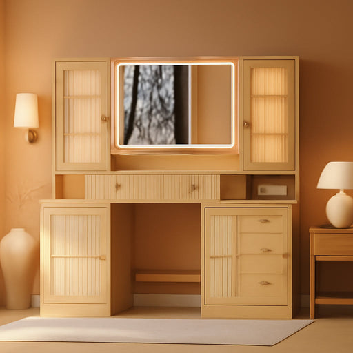 55 Inch Makeup Vanity Desk With LED Lights RGB Glass Cabinets