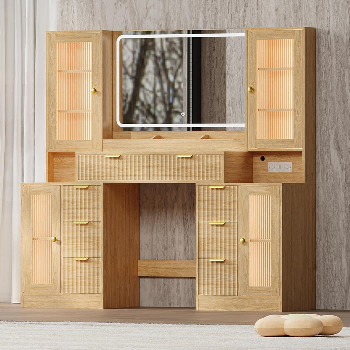 55 Inch Makeup Vanity Desk With LED Lights RGB Glass Cabinets