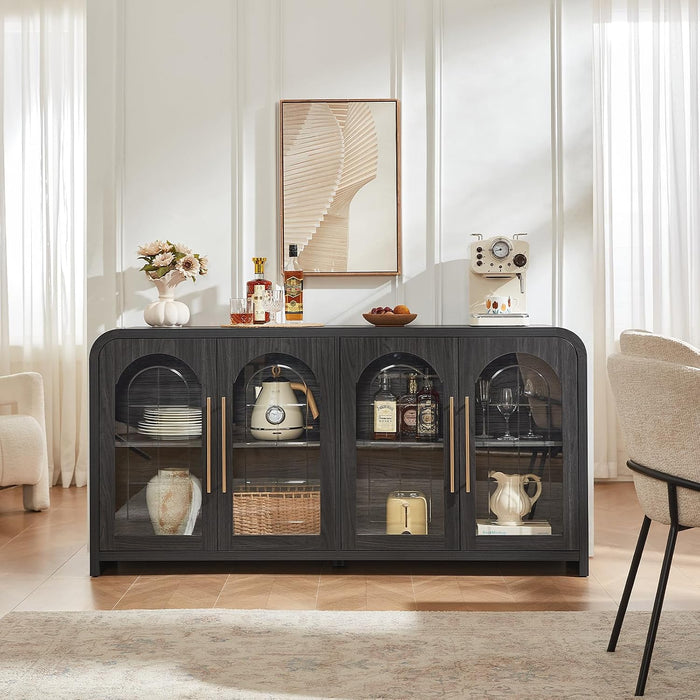 65" Sideboard Buffet Cabinet with Arched Glass Doors, Dark Gray | Modern Wood Sideboard, Spacious Storage Credenza, Adjustable Shelves, Living Room Accent Cabinet, Dining Room & Entryway Use