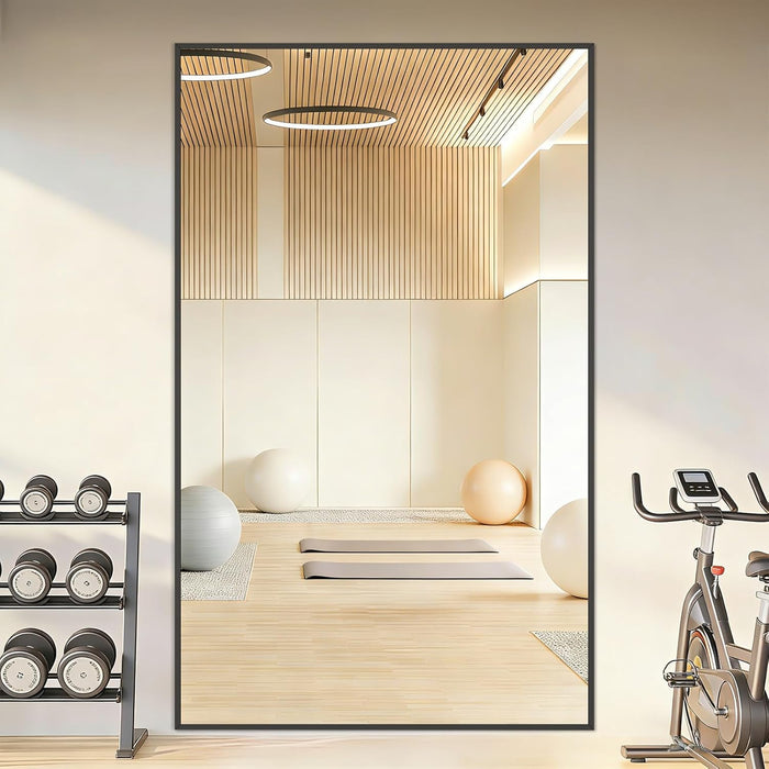 72"X44" Oversized Black Full Length Mirror, Floor Standing or Wall Mounted with Hanging Kit, Shatterproof Tempered Glass Mirror for Living Room, Bedroom, Dressing Room, Gym