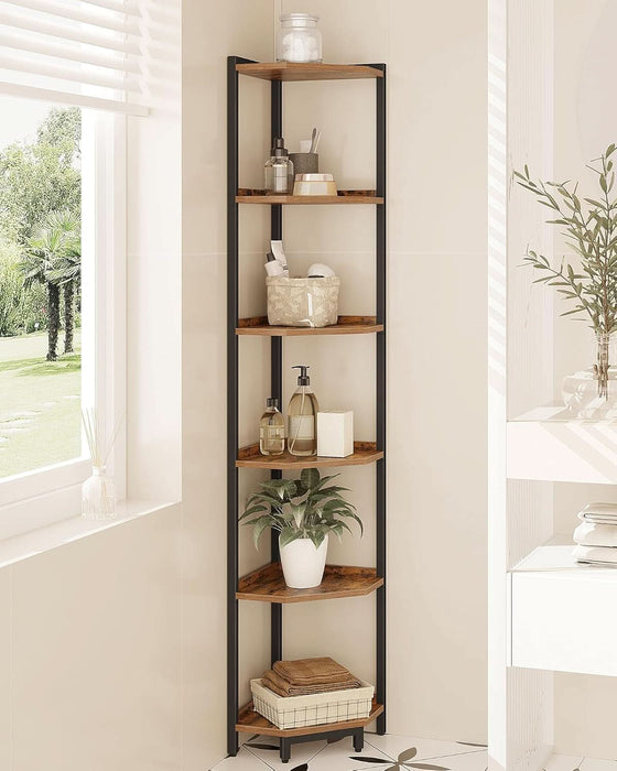 Corner Shelf Stand, Corner Bookshelf, Storage Standing Shelf Unit with Metal Frame, Plant Stand, Corner Bookcase for Living Room, Home Office, Bedroom, 6-Tier Rustic Brown CS06001B