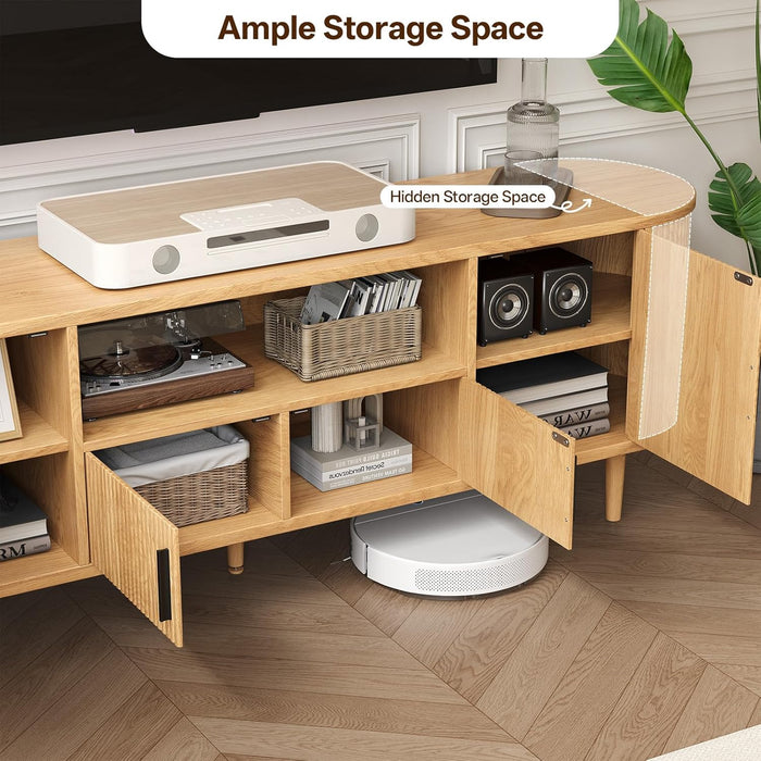 70" Fluted TV Stand, Mid Century Modern TV Stand for Tvs up to 80", Entertainment Center with Storage, Adjustable Shelves, Wood Media Console for Living Room, Bedroom, Natural