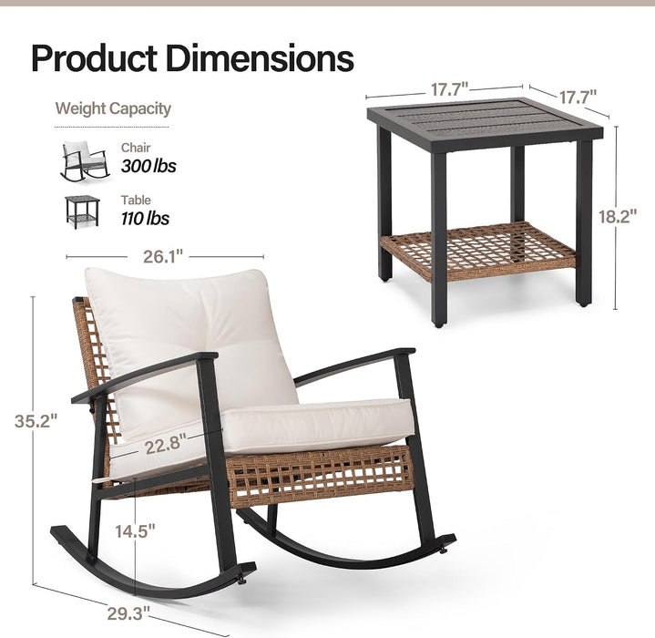 3-Piece Outdoor Rocking Chairs Bistro Set, Rattan Patio Furniture