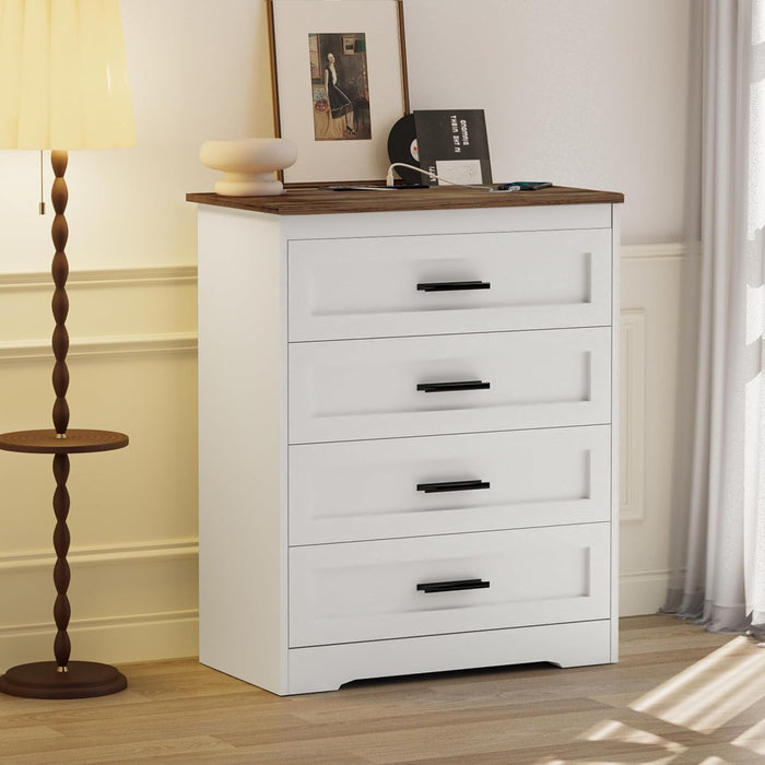 Farmhouse 4 Drawers Dresser for Bedroom Rustic Chest of Drawers with Natural Texture White Drawers Organizer for Living Room Hallway