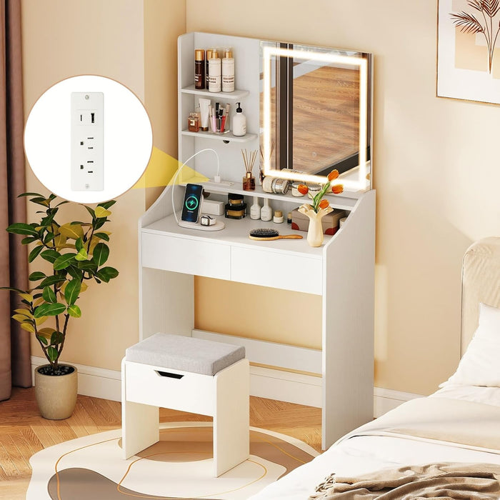 White Vanity Desk with LED Lighted Mirror, 3 Light Modes, Adjustable Brightness, Charging Station, Drawers & Shelves, Modern Makeup Vanity Table with Storage Stool for Bedroom, Dressing Room