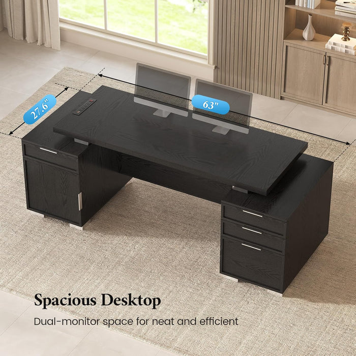 80.6" Executive Desk with Power Outlet and File Drawer, Modern Home Office Desk with 3 Large Cabinets and Privacy Panel, Business Furniture for Home Office, Living Room, Black