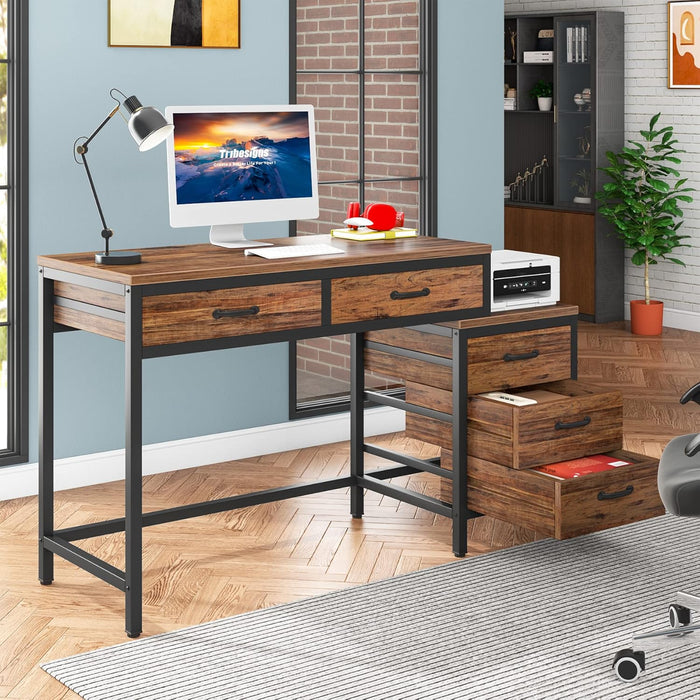 Computer Desk with 5 Drawers, Home Office Desks with Reversible Drawer Cabinet Printer Stand, Industrial PC Desk with Storage, Rustic Study Writing Table Workstation for Small Spaces