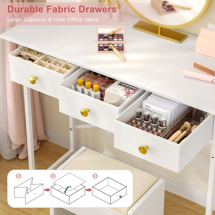 Makeup Vanity Desk No Mirror, 37.2 Inch Vanity with 3 Drawers, Girls Vanity Dressing Table for Bedroom, Small Vanity Table Home Office Desk for Small Spaces, White